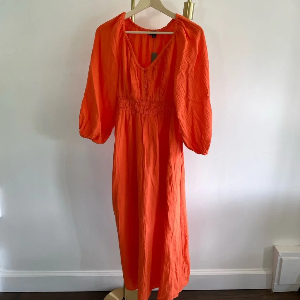NWT Orange jcrew soft gauze midi dress with sleeves - Picture 2 of 5